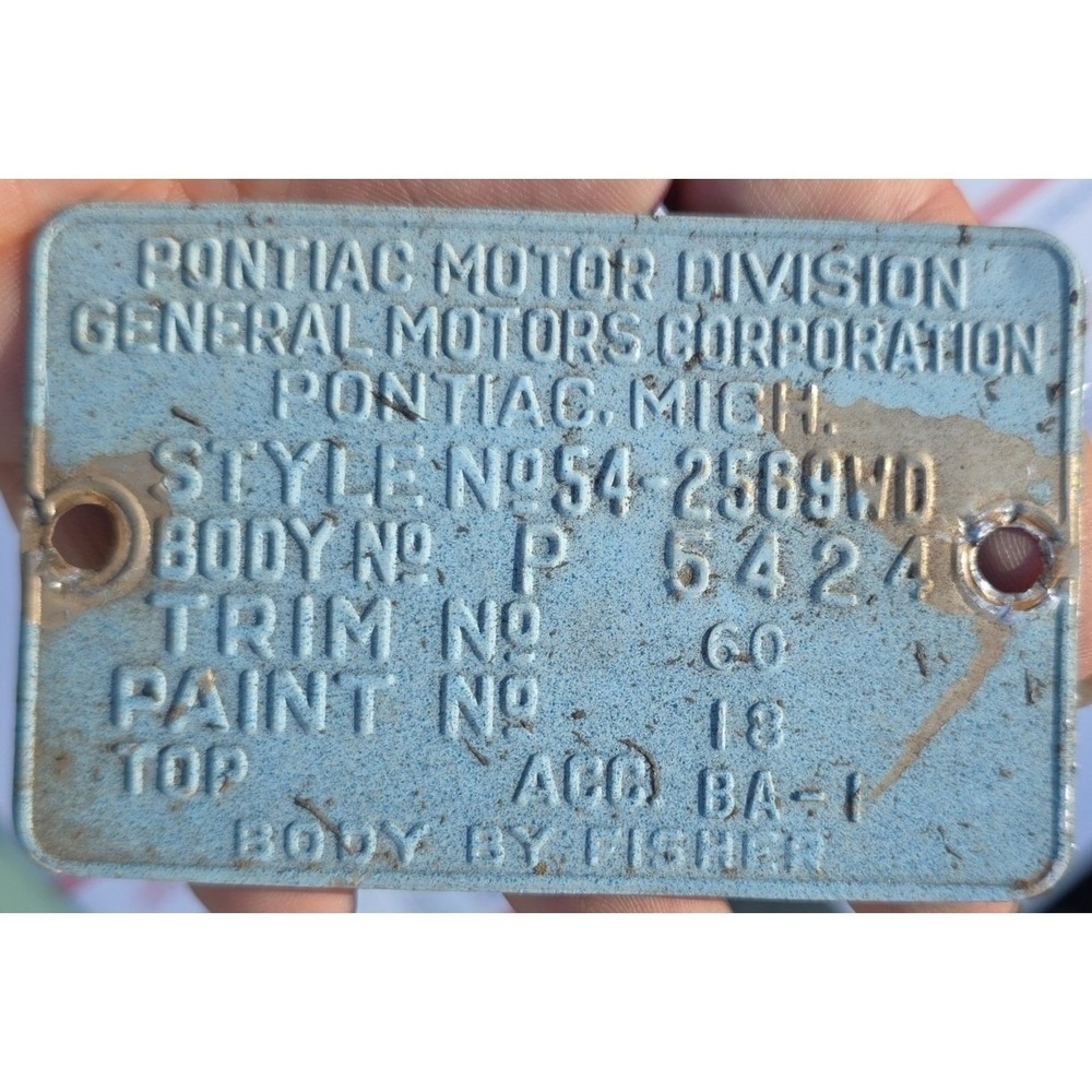 1954 Pontiac Chieftain Cowl Tag Body Plate Trim Paint Codes Vintage Car Part